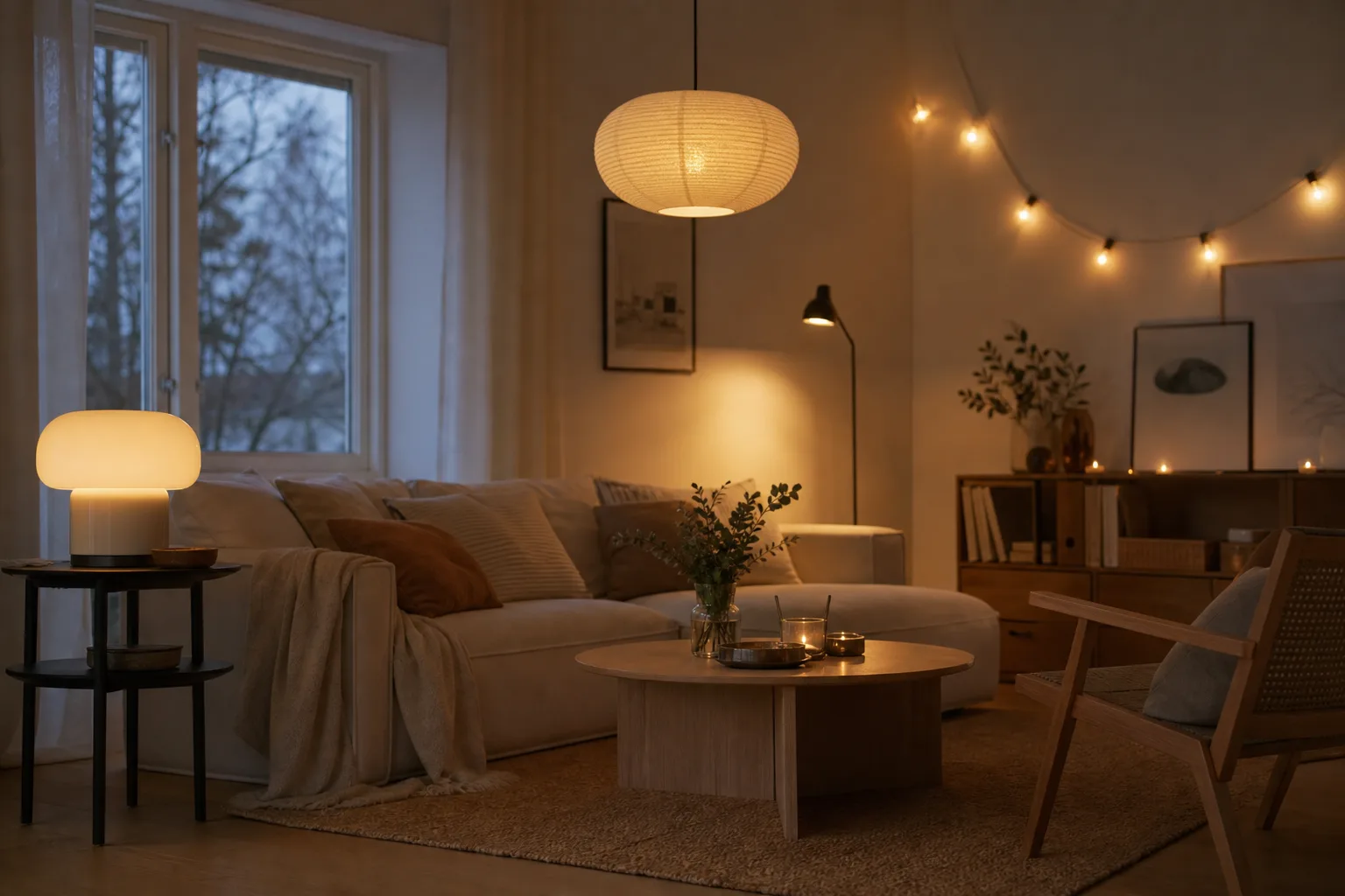 Vardagsrum med taklampa, bordslampa och ljusslinga som tillsammans bildar en ljusplan