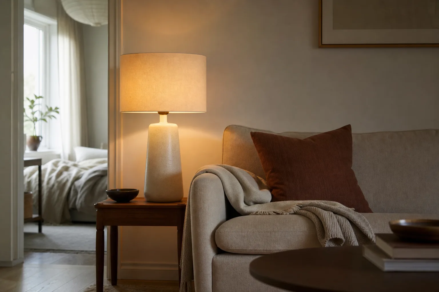 Bordslampa med lampskärm i proportion till lampfoten på ett sidobord