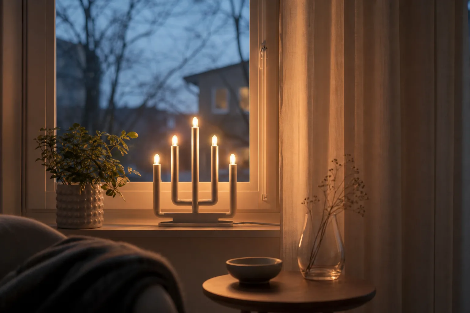 Elektrisk fönsterlampa tänd på en fönsterbräda