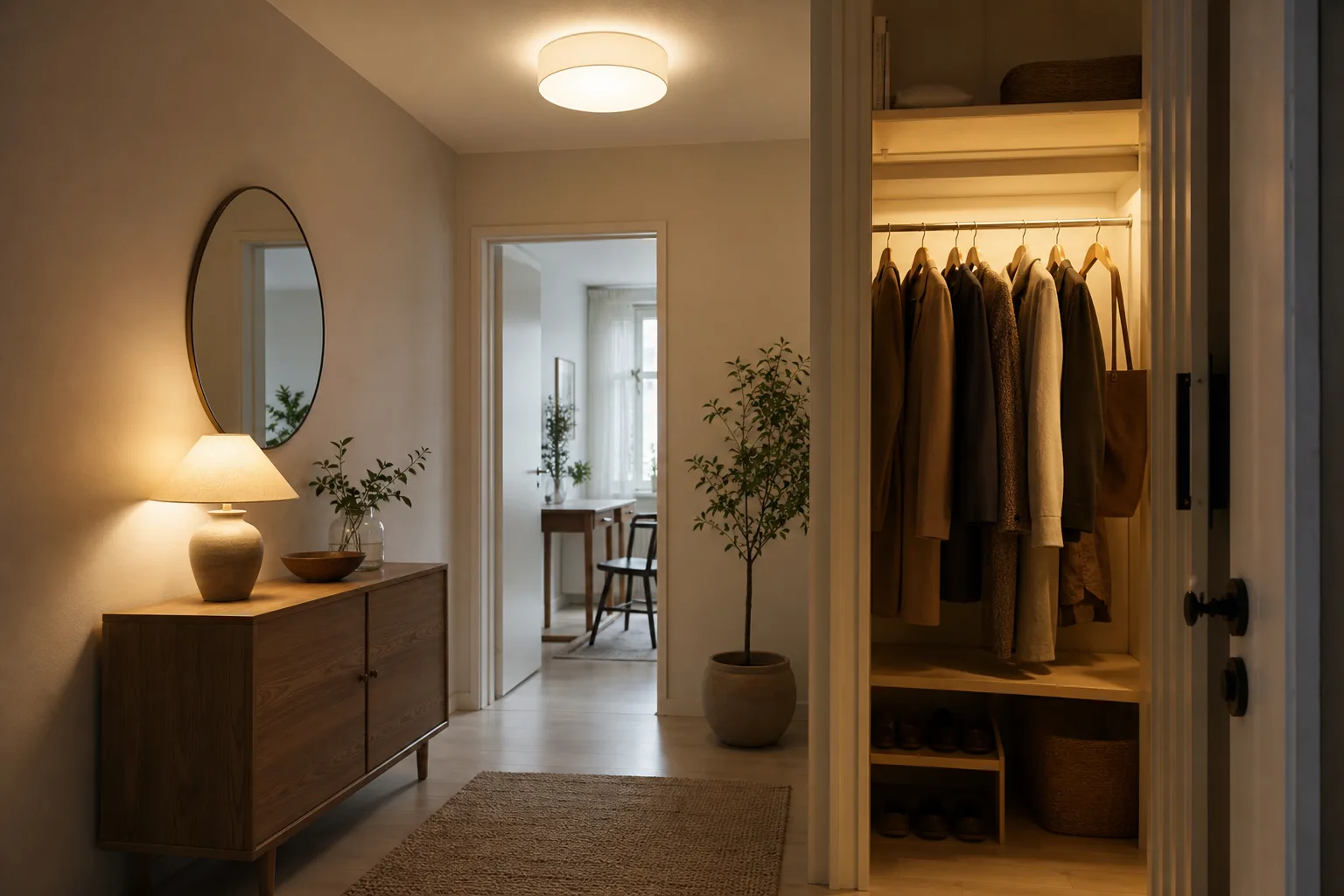 Hall med plafond i taket, en mindre bordslampa på en byrå och öppen garderob med tänt ljus