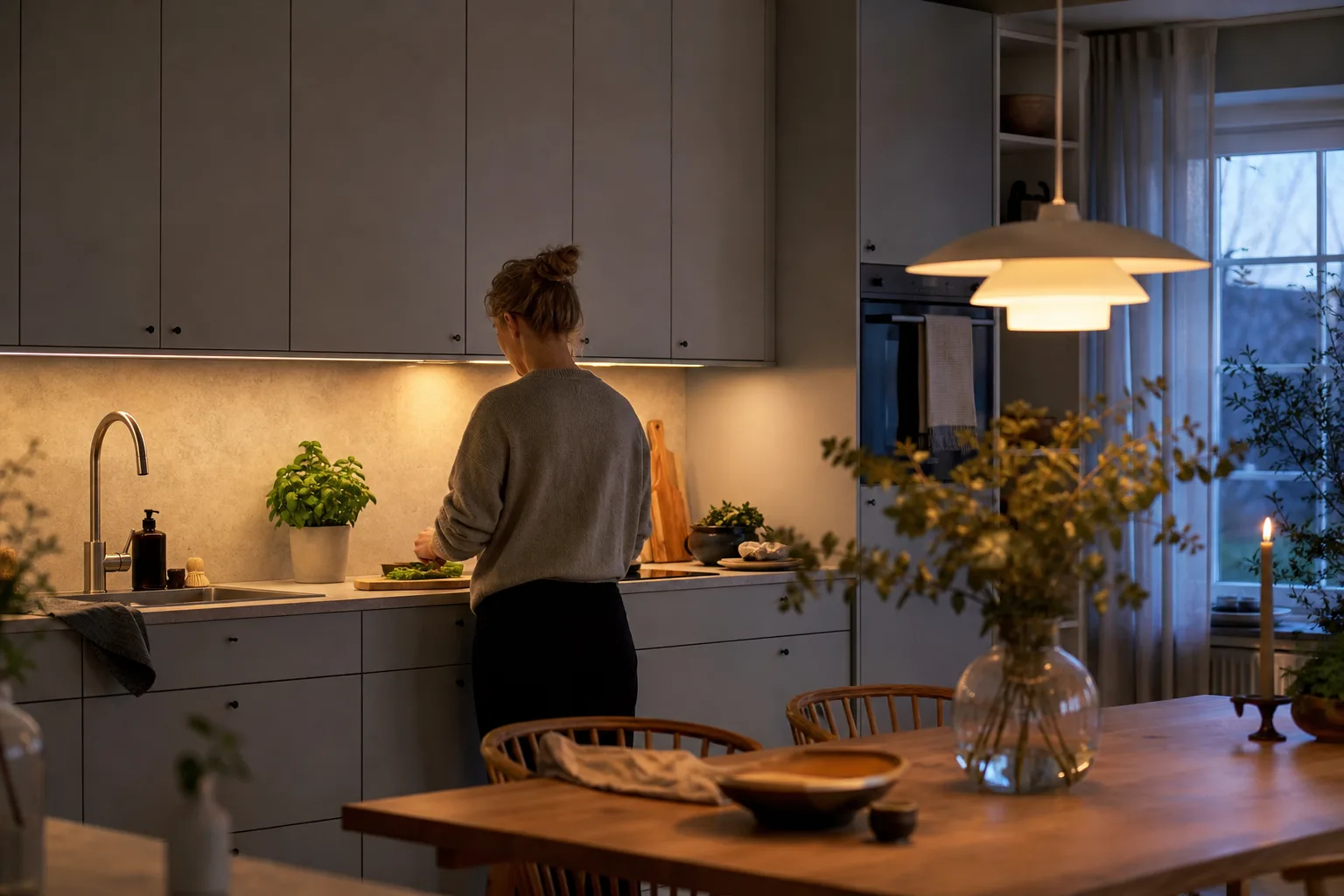 Köksbänk med riktat arbetsljus under överskåp och en pendellampa över matplatsen