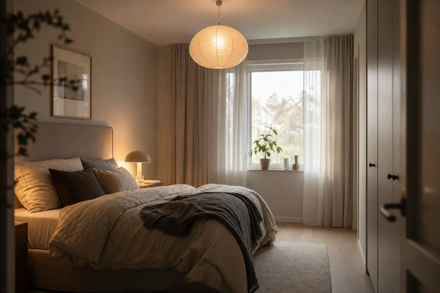 Sovrum med dimmat ljus från sänglampa på nattduksbordet och mjukt allmänljus i taket