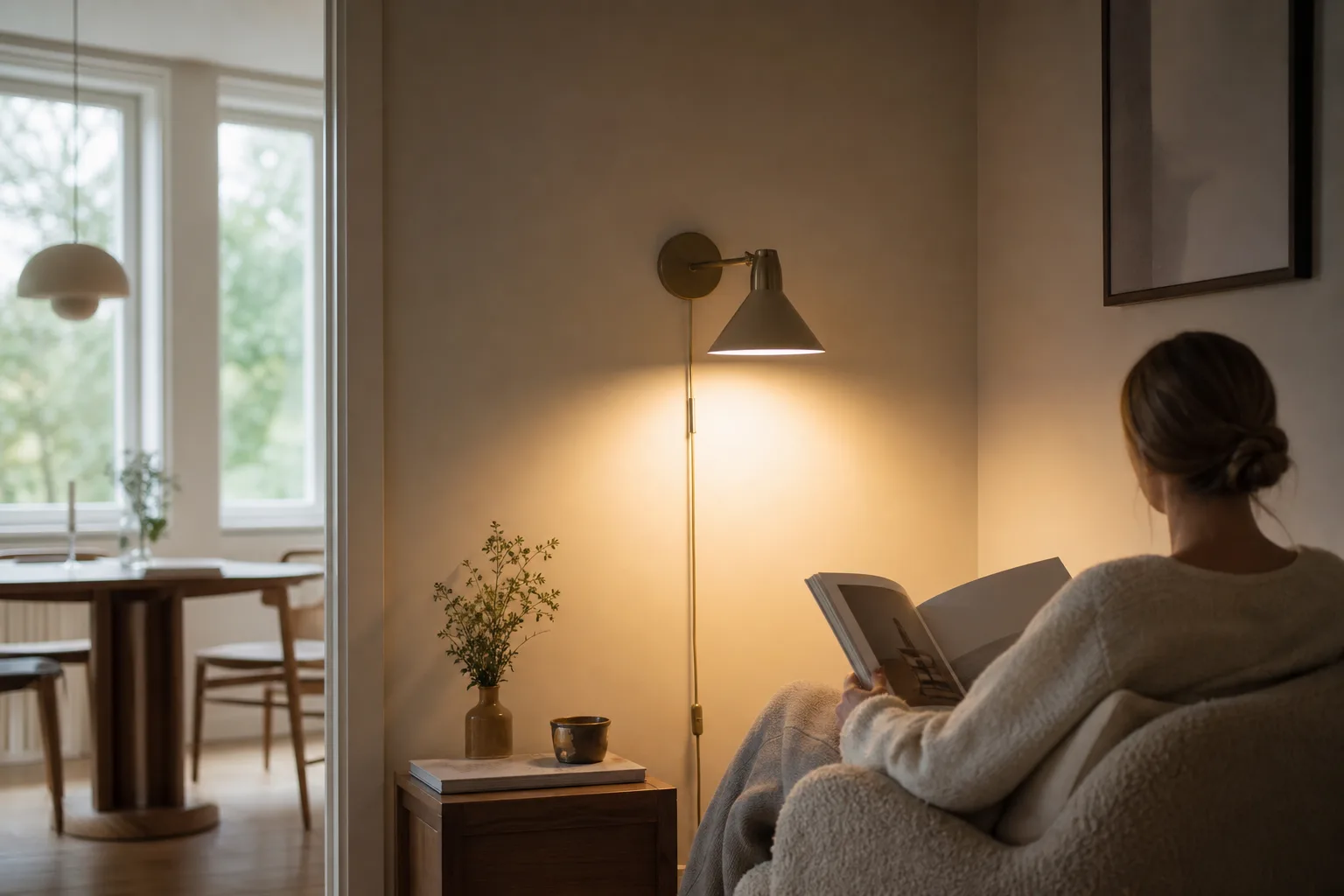 Vägglampa monterad i lagom höjd ovanför en fåtölj