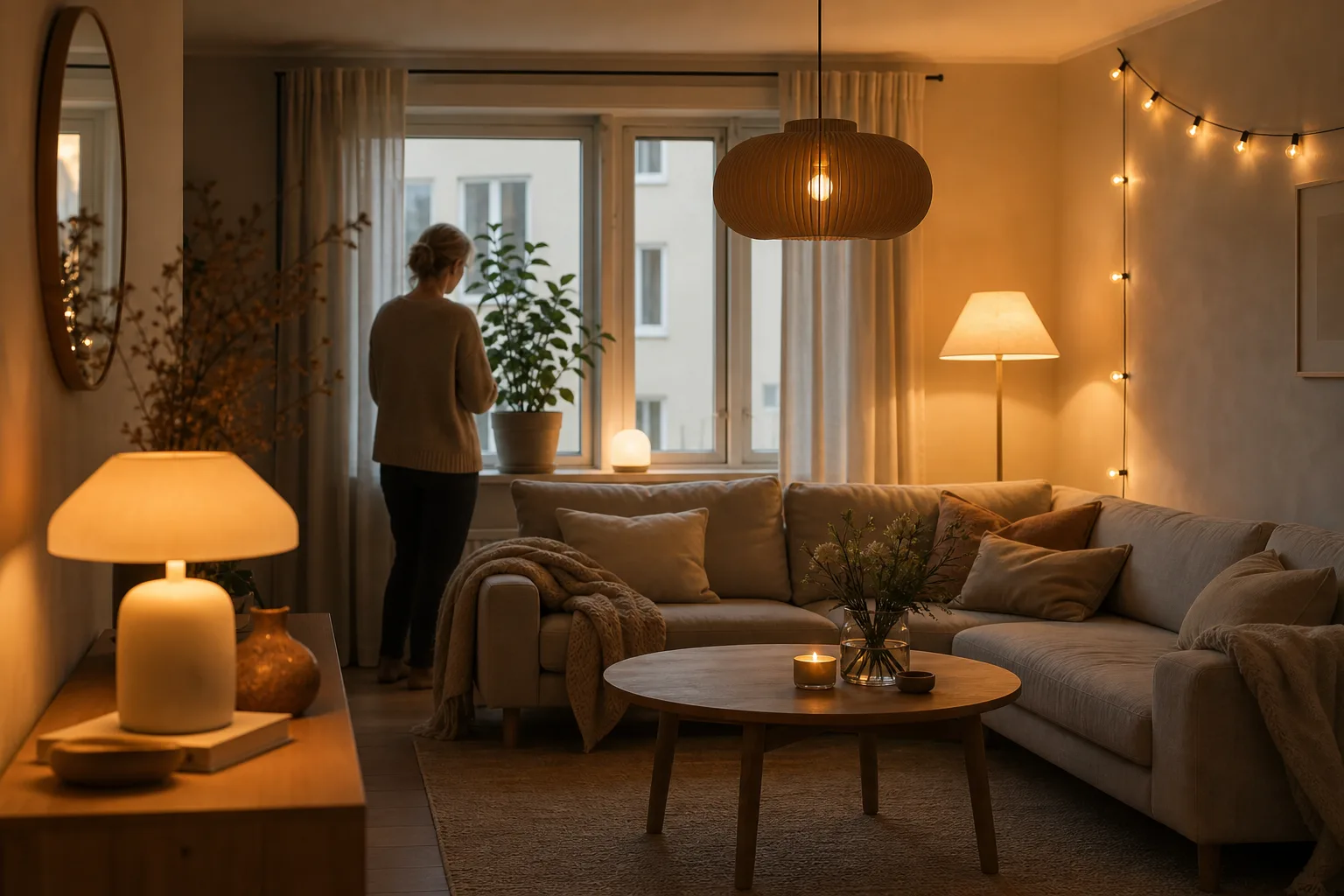 Ljussatt vardagsrum med bordslampa, taklampa och stämningsljus