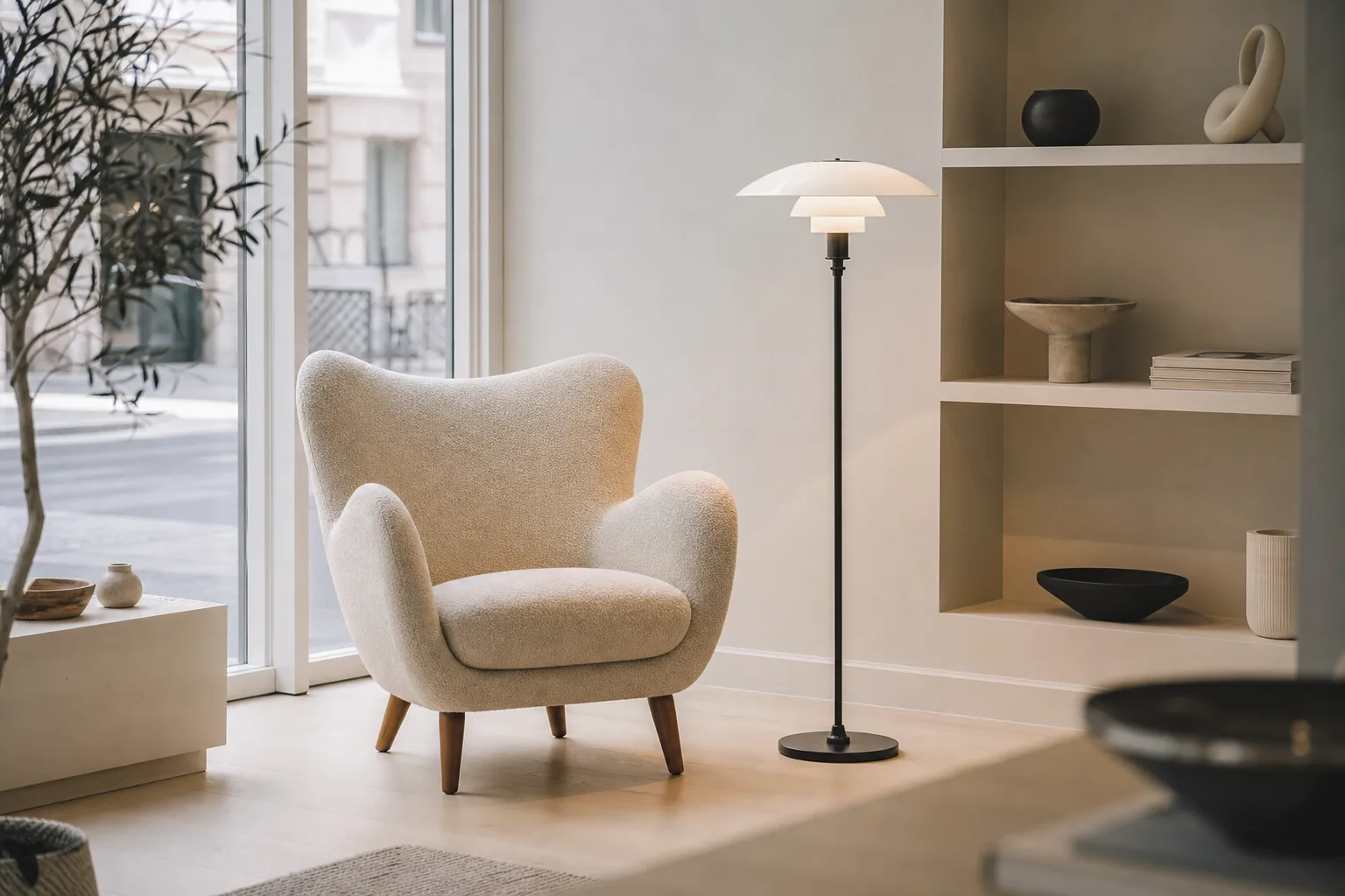 Designklassiker i form av en formgiven fåtölj och belysning i ett showroom