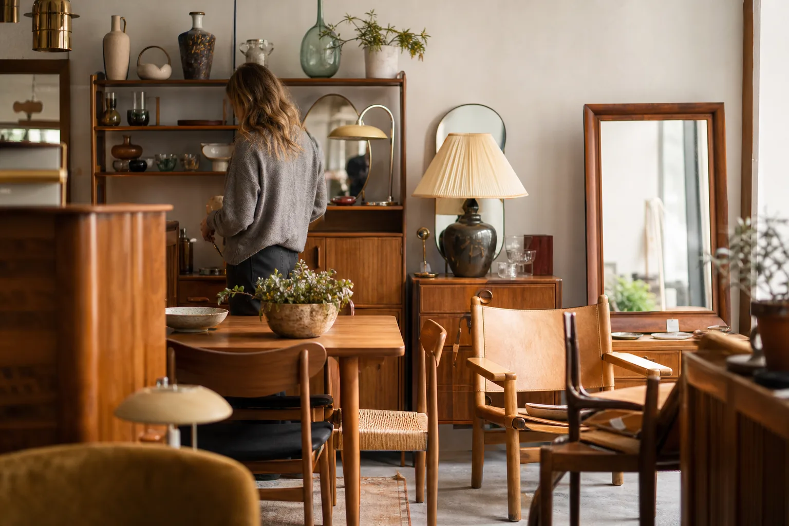 Handplockade vintagemöbler och lampor i en butiksmiljö