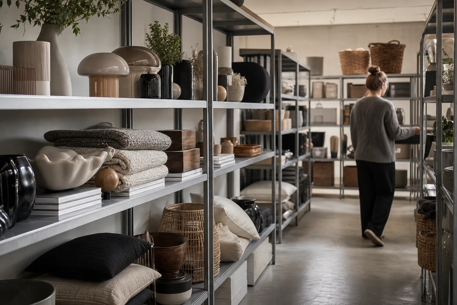 Sortiment av inredningsdetaljer på hyllor i en nätbutik för heminredning