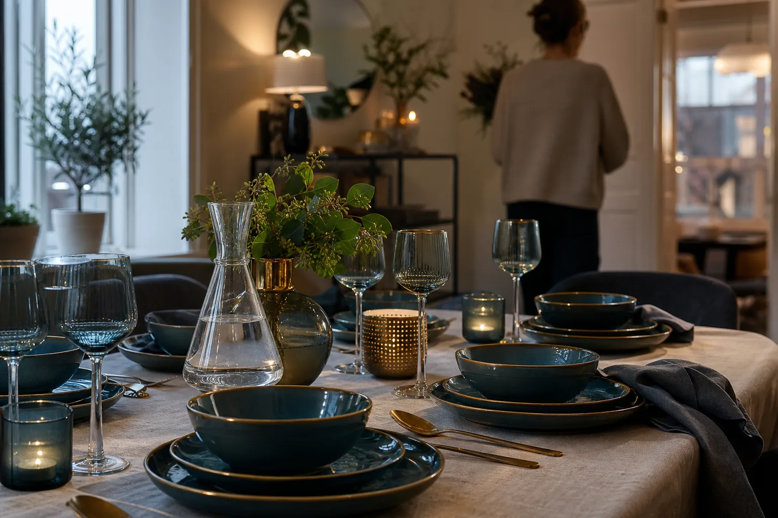 Dukat bord med servisglas, karaffer och porslin från en dukningsbutik