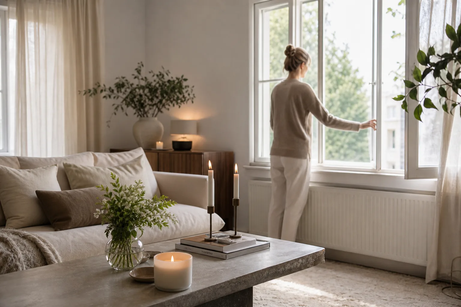 Städat och doftsatt vardagsrum med doftljus och öppet fönster