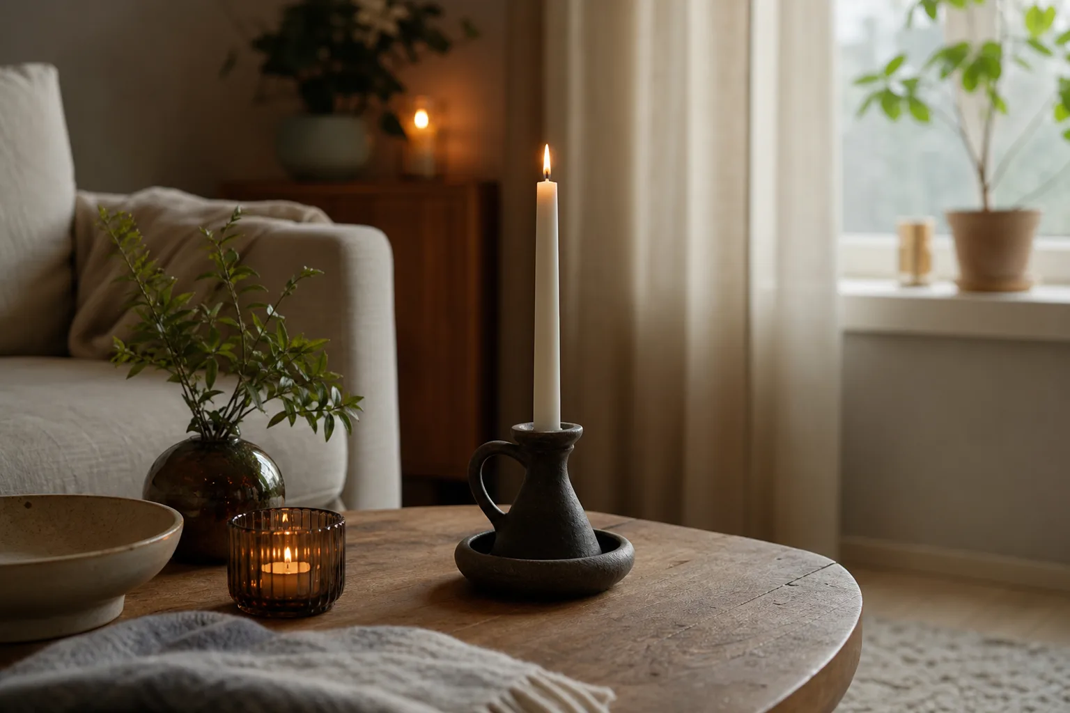Levande ljus i stadig ljusstake av obrännbart material på ett bord