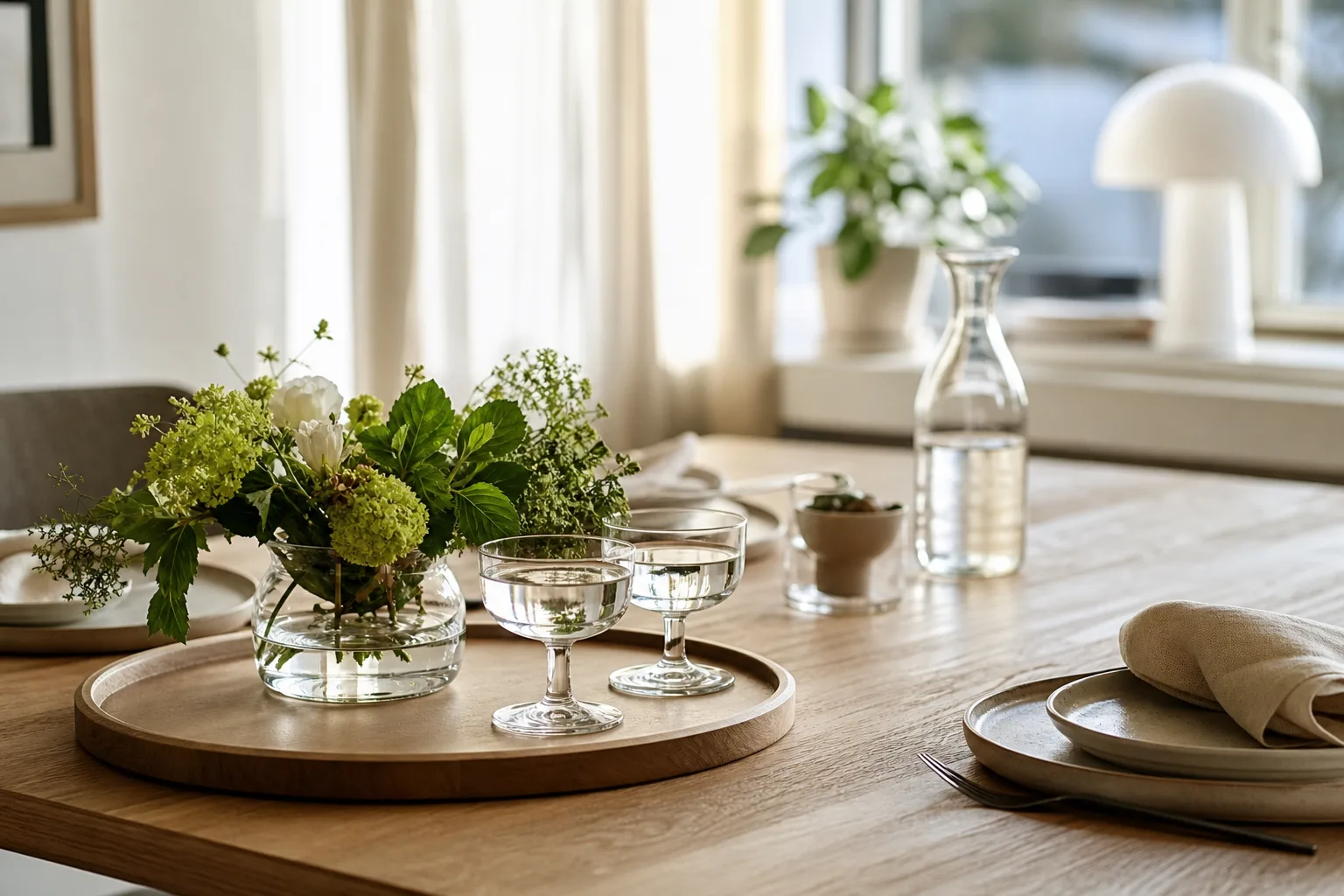 Dukat bord med bricka, glas och en enkel bukett i vas