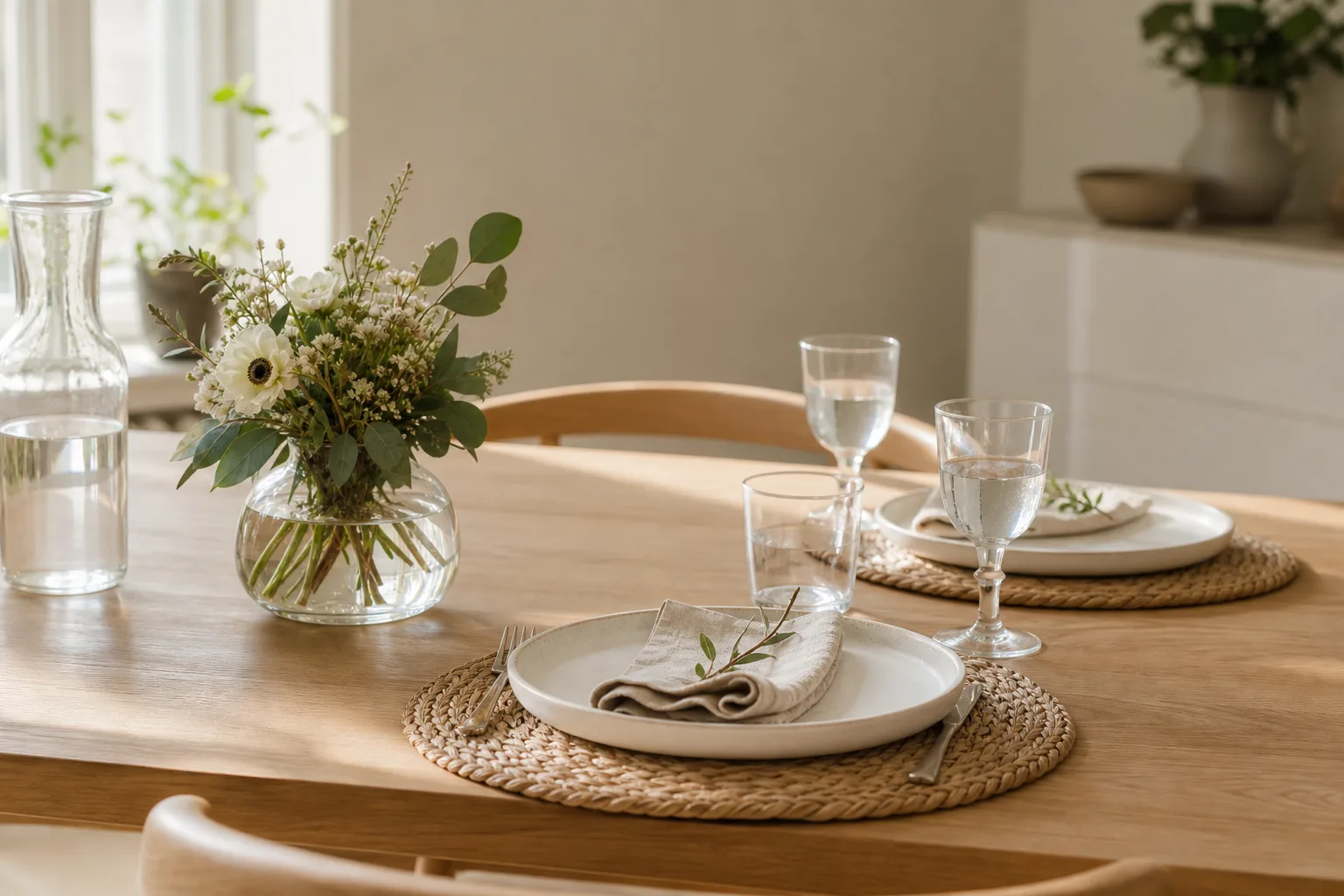 Enkel vardagsdukning med bordstabletter, glas och en låg bukett