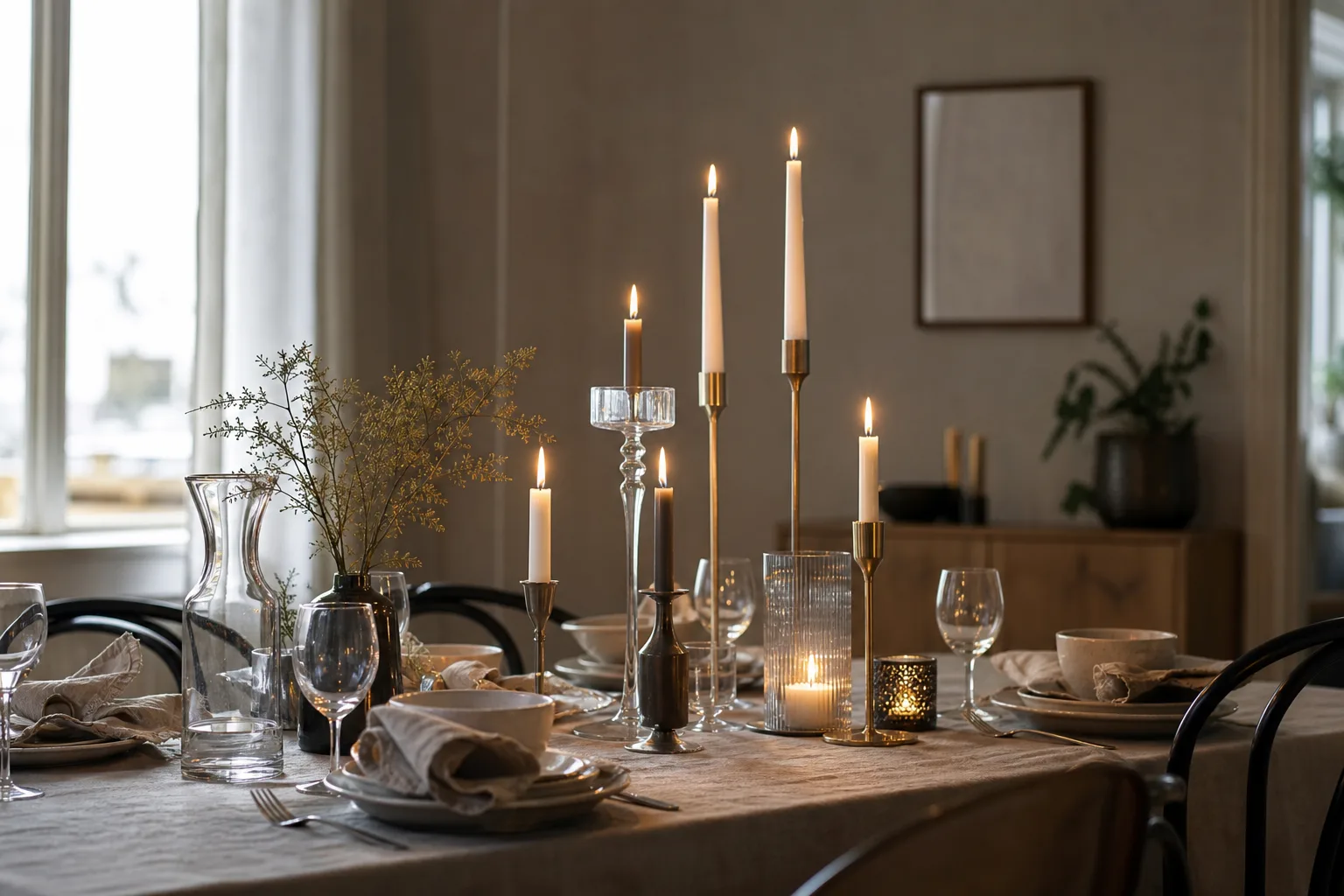 Ljusstakar i metall och glas grupperade i olika höjd på ett bord