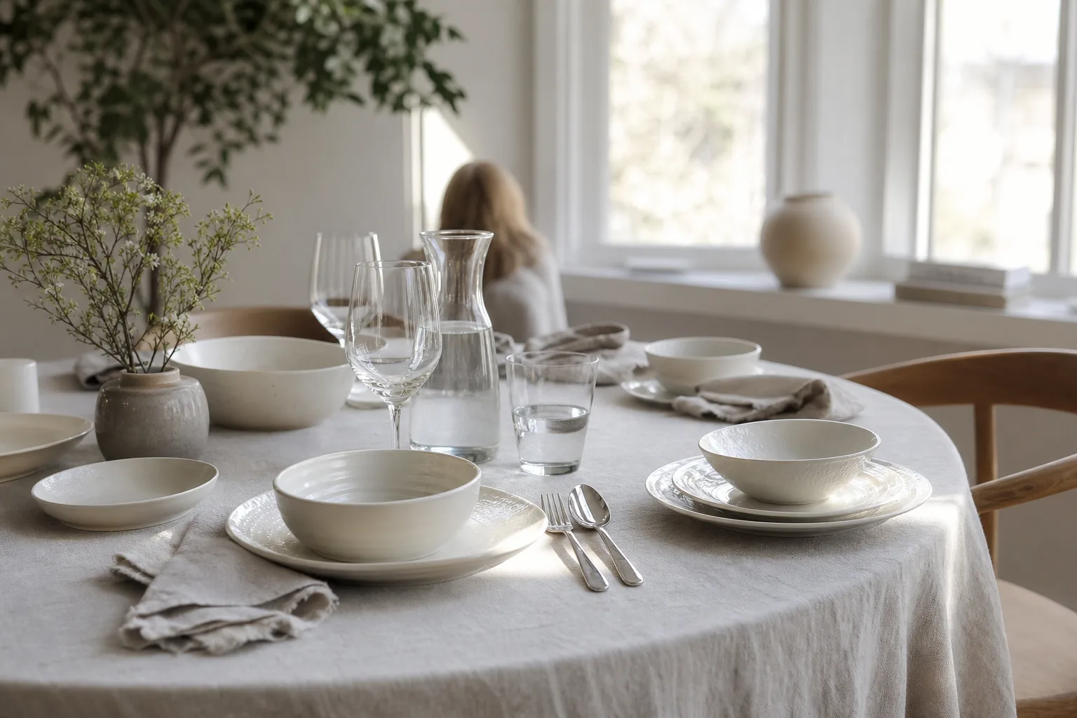 Vit servis i olika material uppställd på ett bord