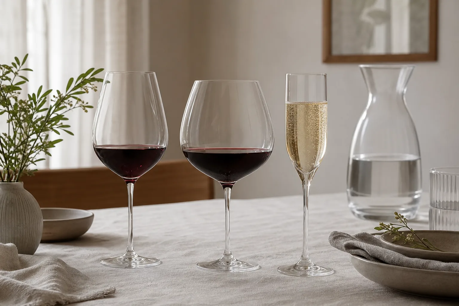 Olika vinglasformer uppställda, från bordeaux- till flöjtglas
