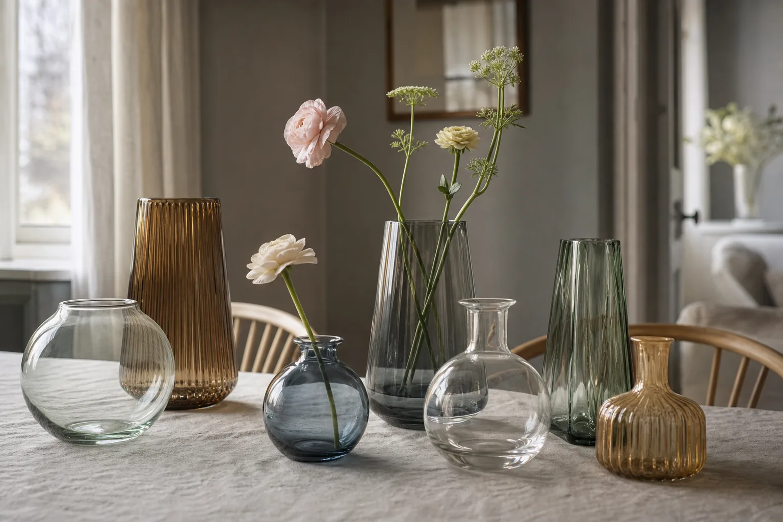 Ett urval glasvaser i olika former och storlekar