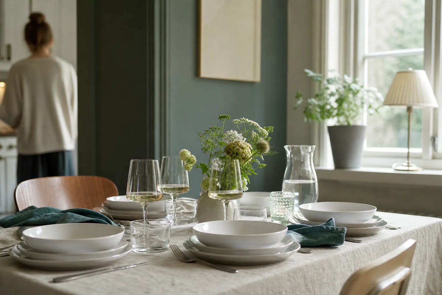 Dukat bord med glas, vitt porslin och en enkel vas med snittblommor