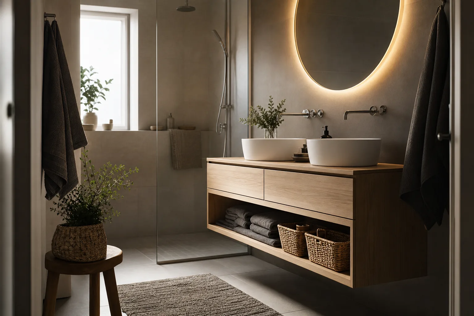 Badrum stylat med handdukar, förvaringskorgar och varm belysning