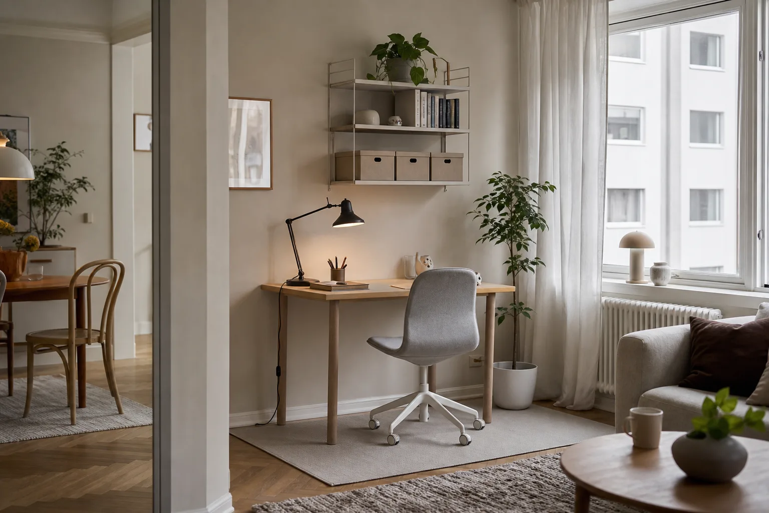 Litet hemmakontor i vardagsrumshörna med bordslampa och ordnad förvaring