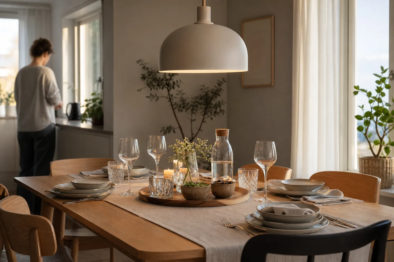 Dukat matbord med pendellampa, skålar och varmt ljus