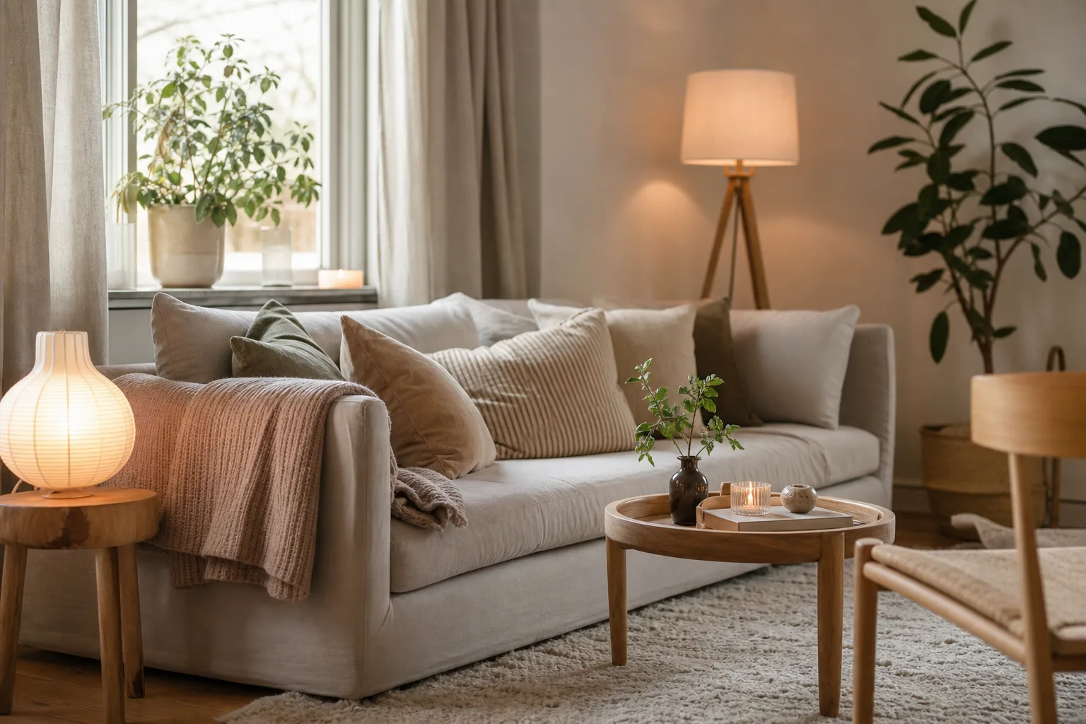 Ljust vardagsrum med stylade detaljer, textilier och varmt ljus