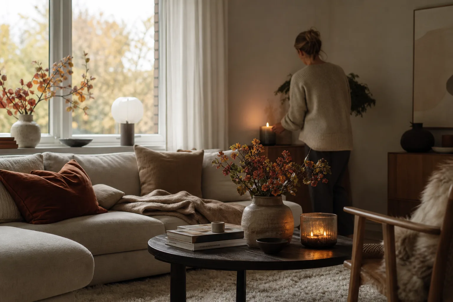 Höstinredning med varma kulörer, mjuka textilier och stämningsljus