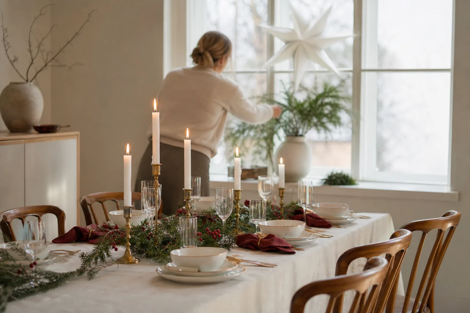 Juldukat bord med porslin, glas och ljusstakar i en sammanhållen stil