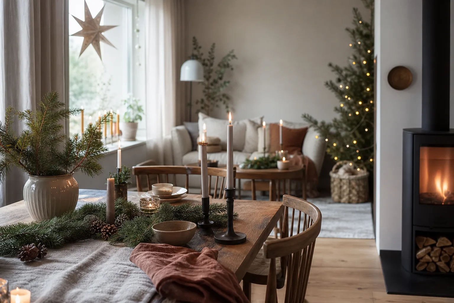 Julinredning med granris, ljusstakar och textil i en varm färgpalett