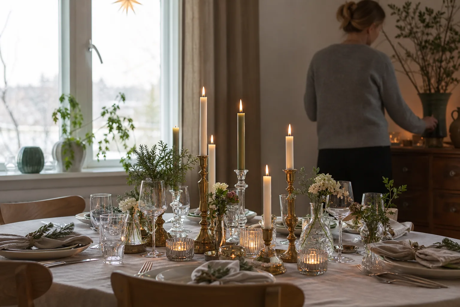 Ljusstakar i olika höjder tända på ett julbord