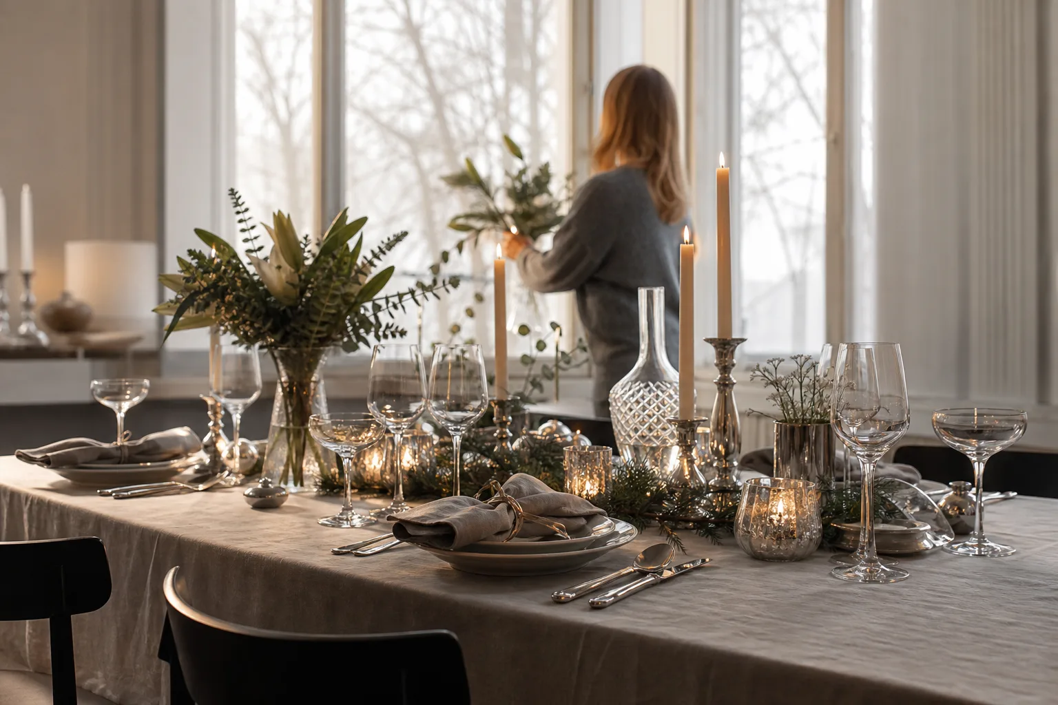 Nyårsdukat bord med glas, silverdetaljer och tända ljus