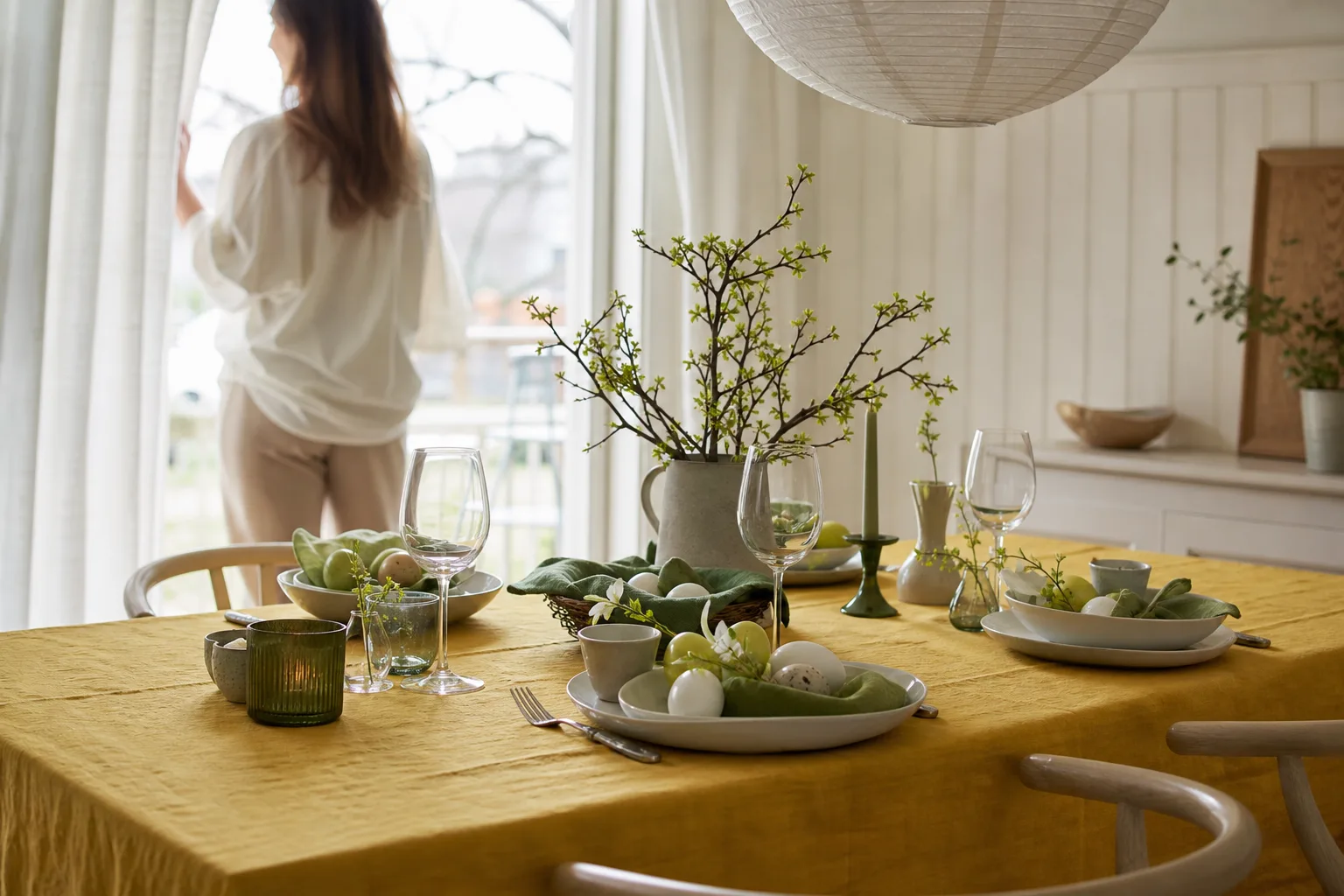 Påskdukat bord med vårkulörer, ägg och gröna kvistar