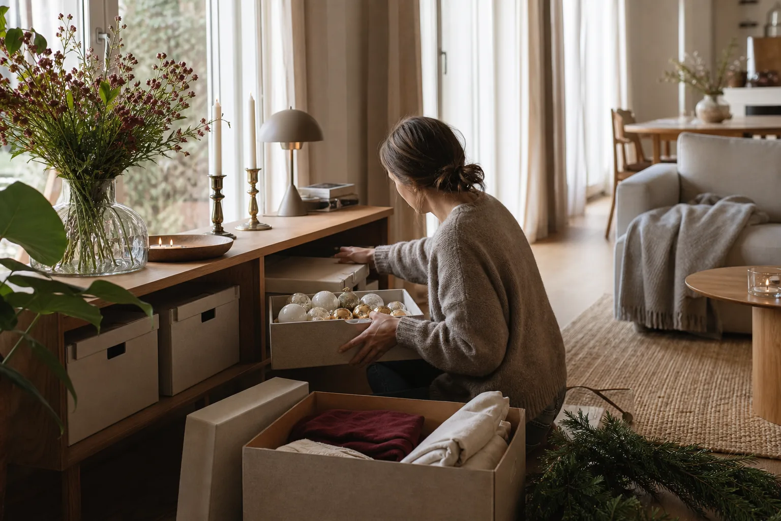 Säsongsinredning som packas ner varsamt i förvaringslådor