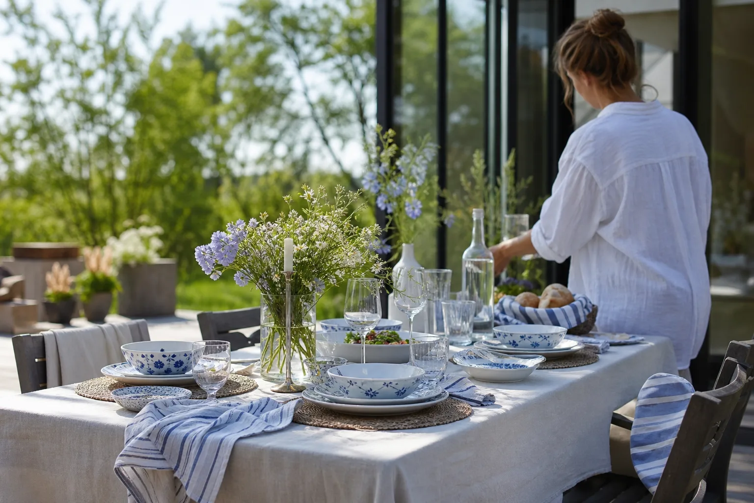 Sommardukat bord utomhus med lätta textilier och dekorativt porslin