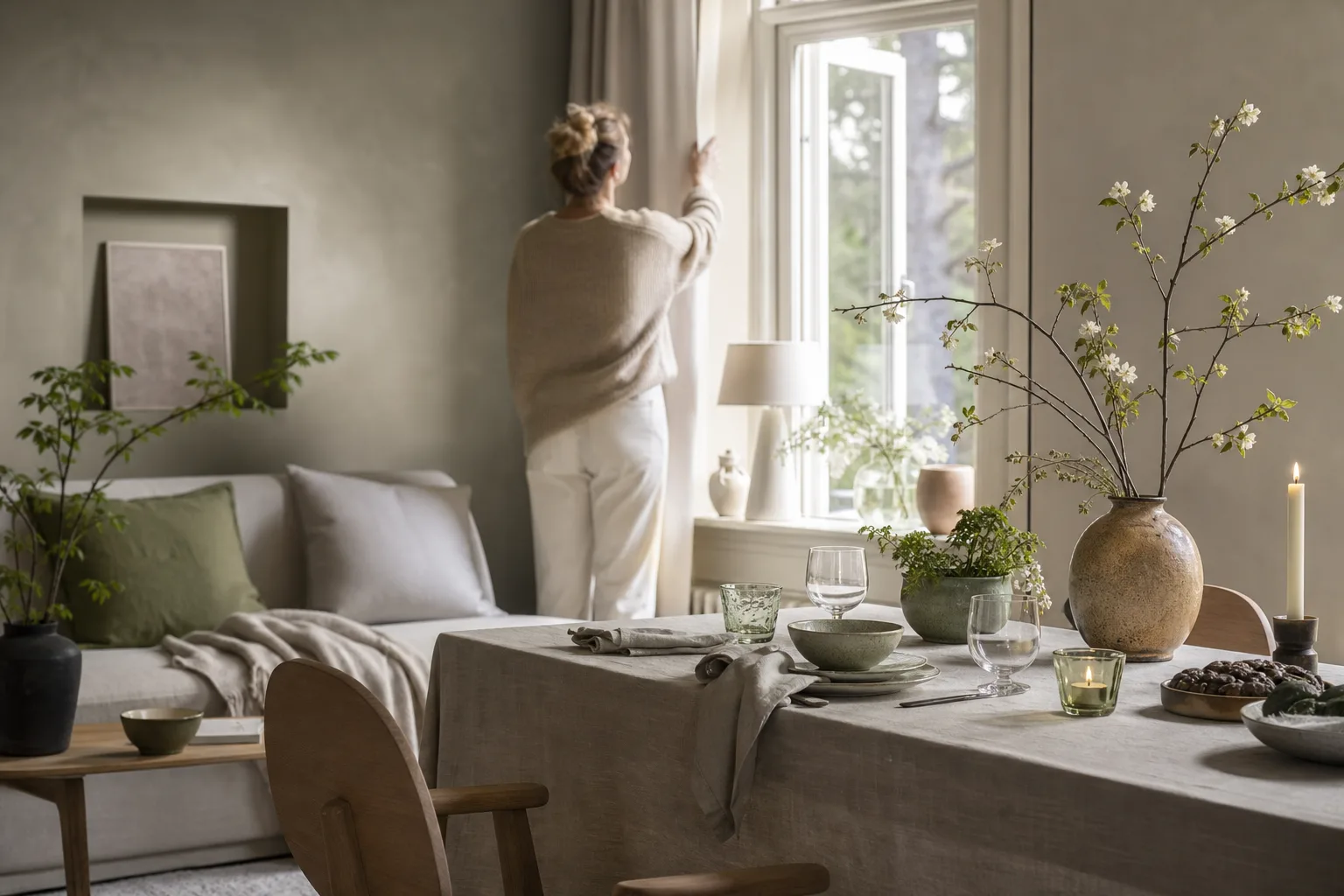 Säsongsinredning med ljus, textil och dukat bord i olika årstider
