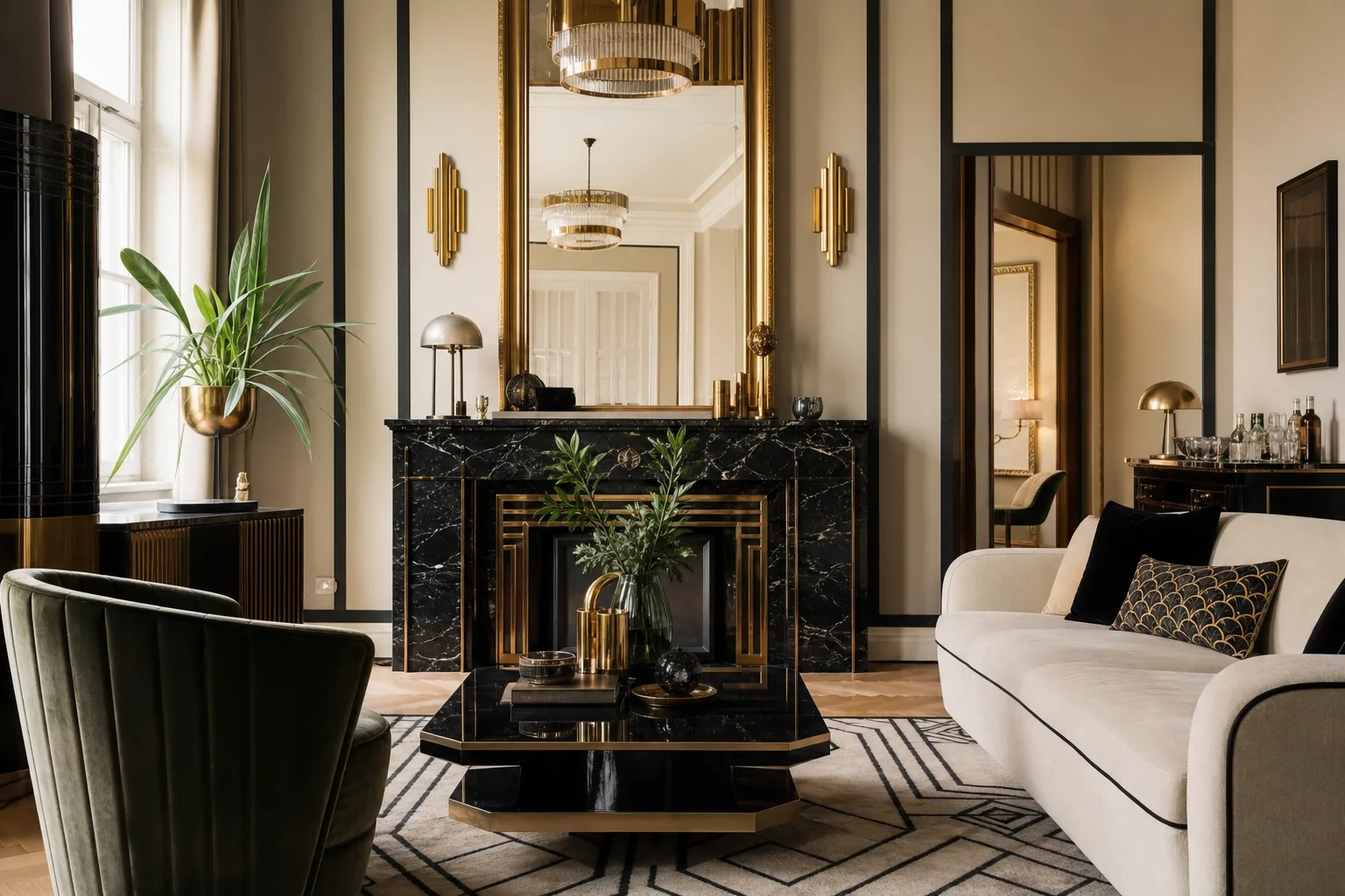 Rum med geometriska mönster, mässingsdetaljer och glansiga ytor i art deco-stil