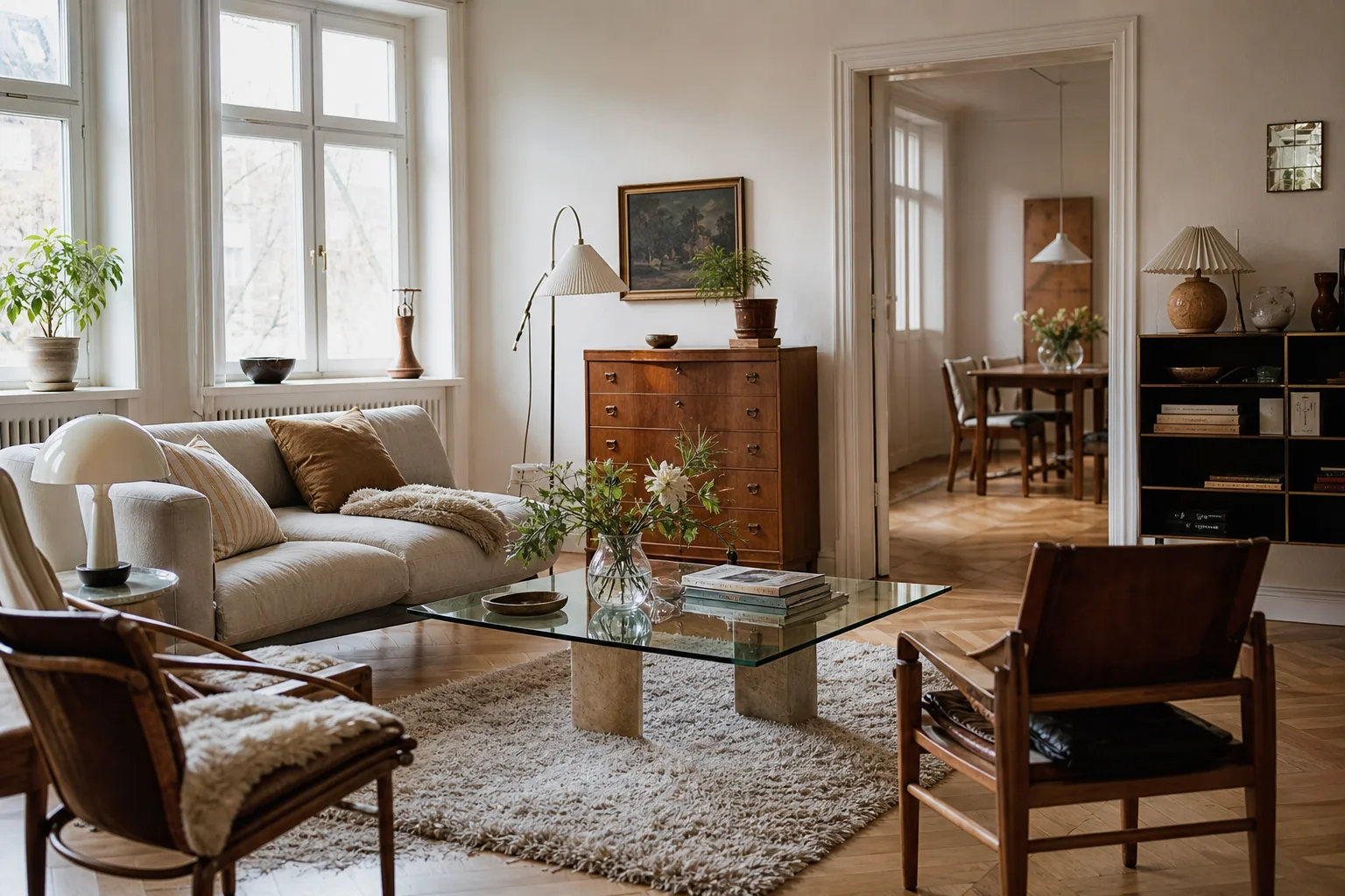 Vardagsrum med vintagemöbler och detaljer från flera decennier
