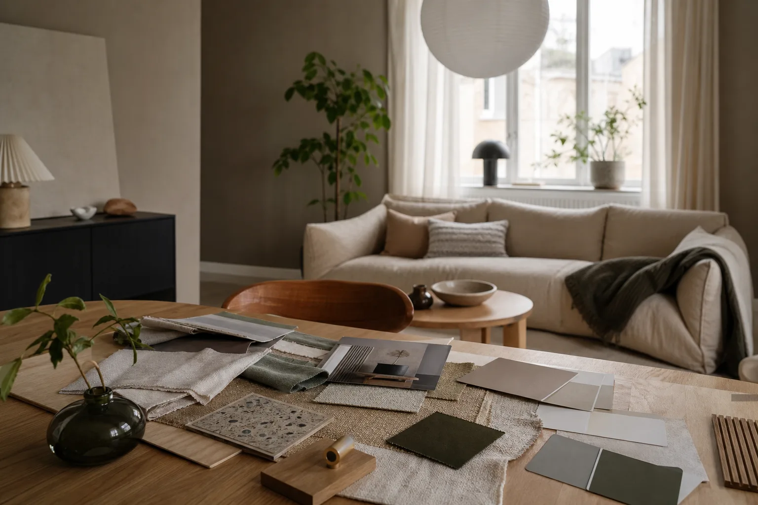 Moodboard med tygprover, färgprover och inredningsdetaljer i olika stilar