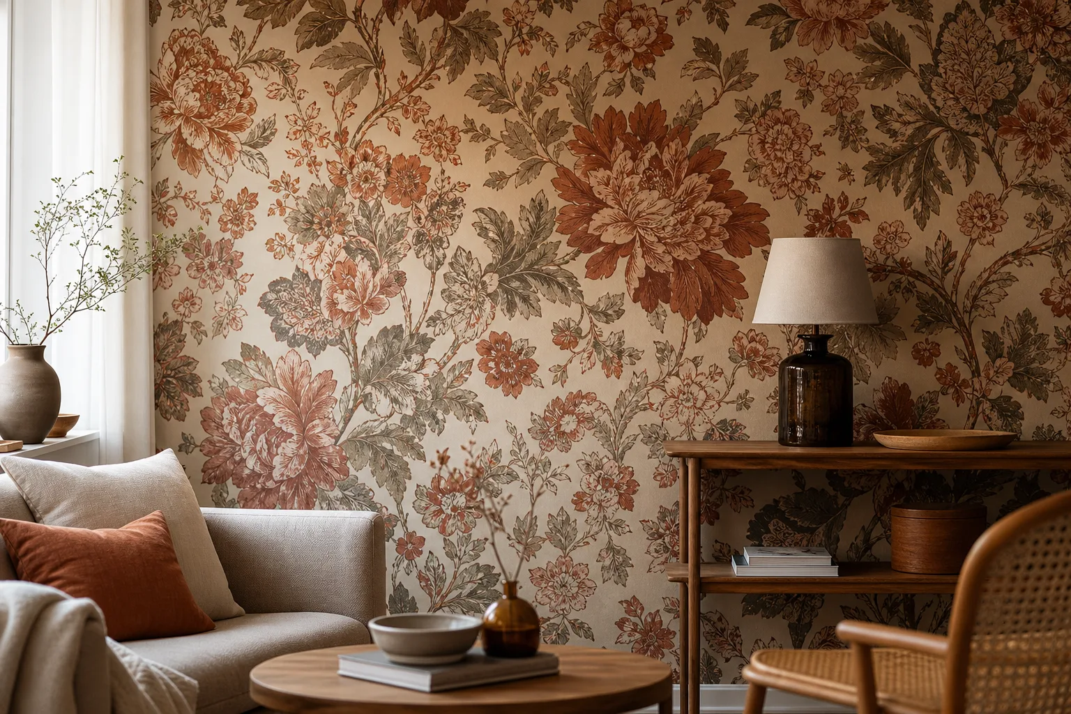 Vägg klädd med stor blommig tapet i varma kulörer