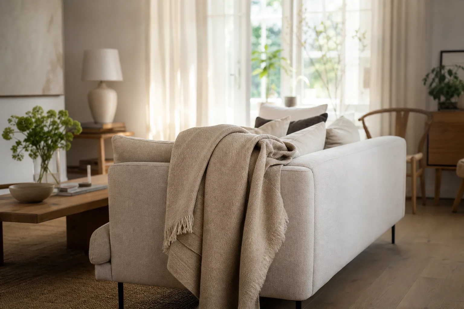 Pläd draperad över en soffrygg