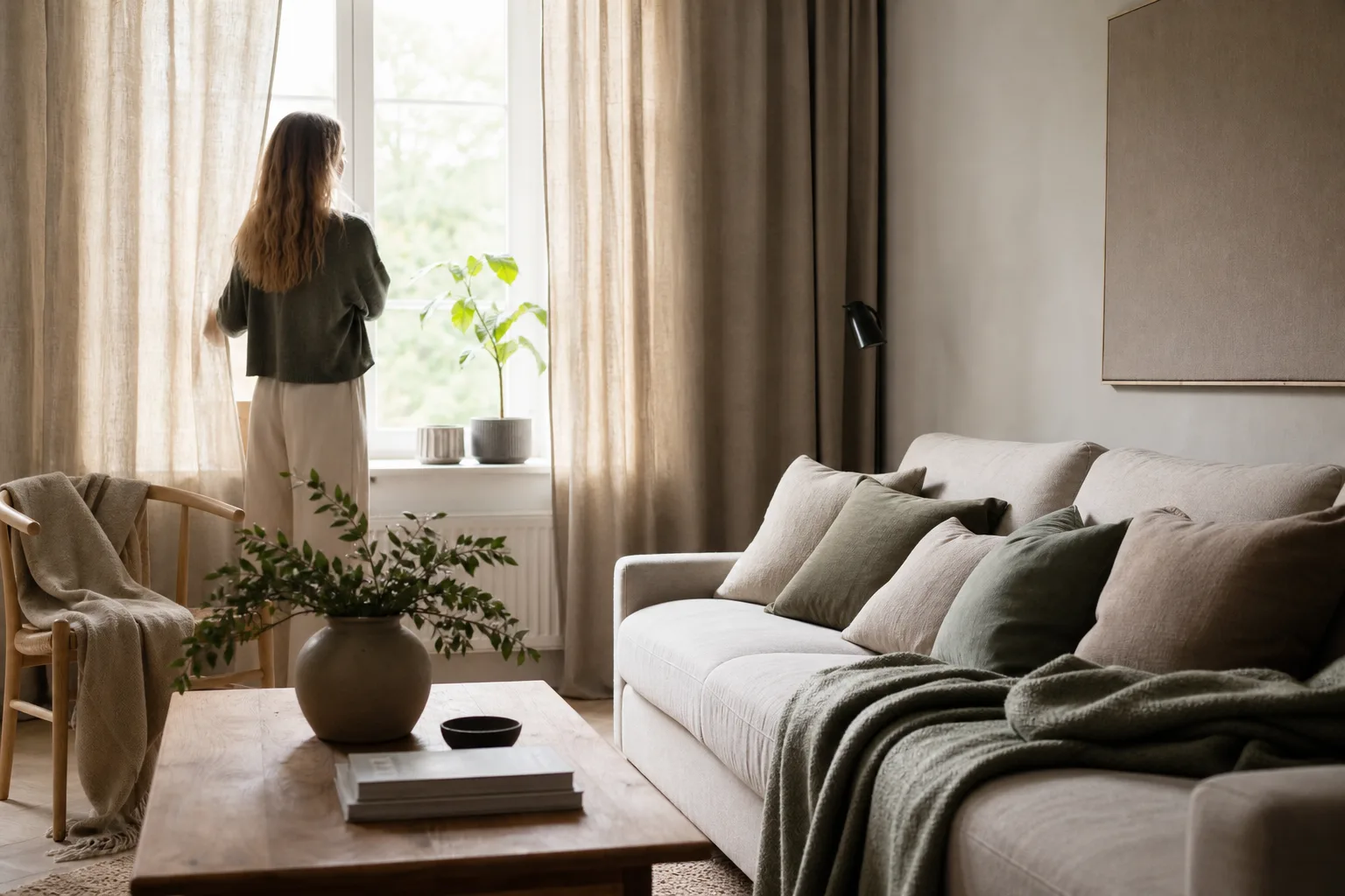 Vardagsrum stylat med flera textilier