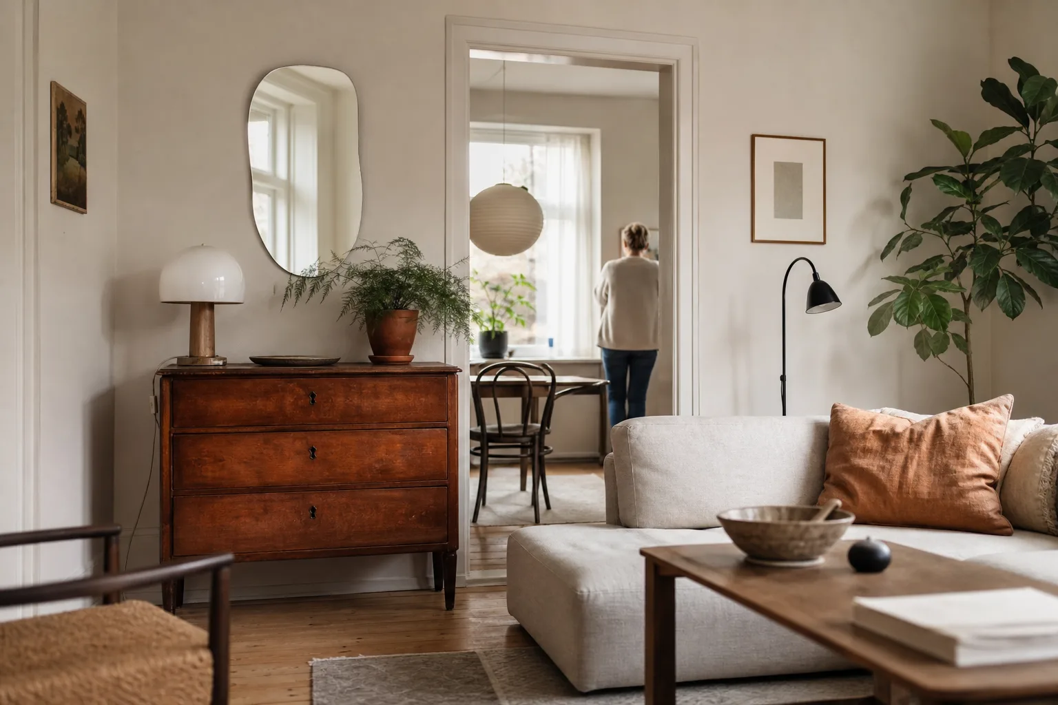 Vardagsrum med en blandning av vintagemöbler och nyare inredning
