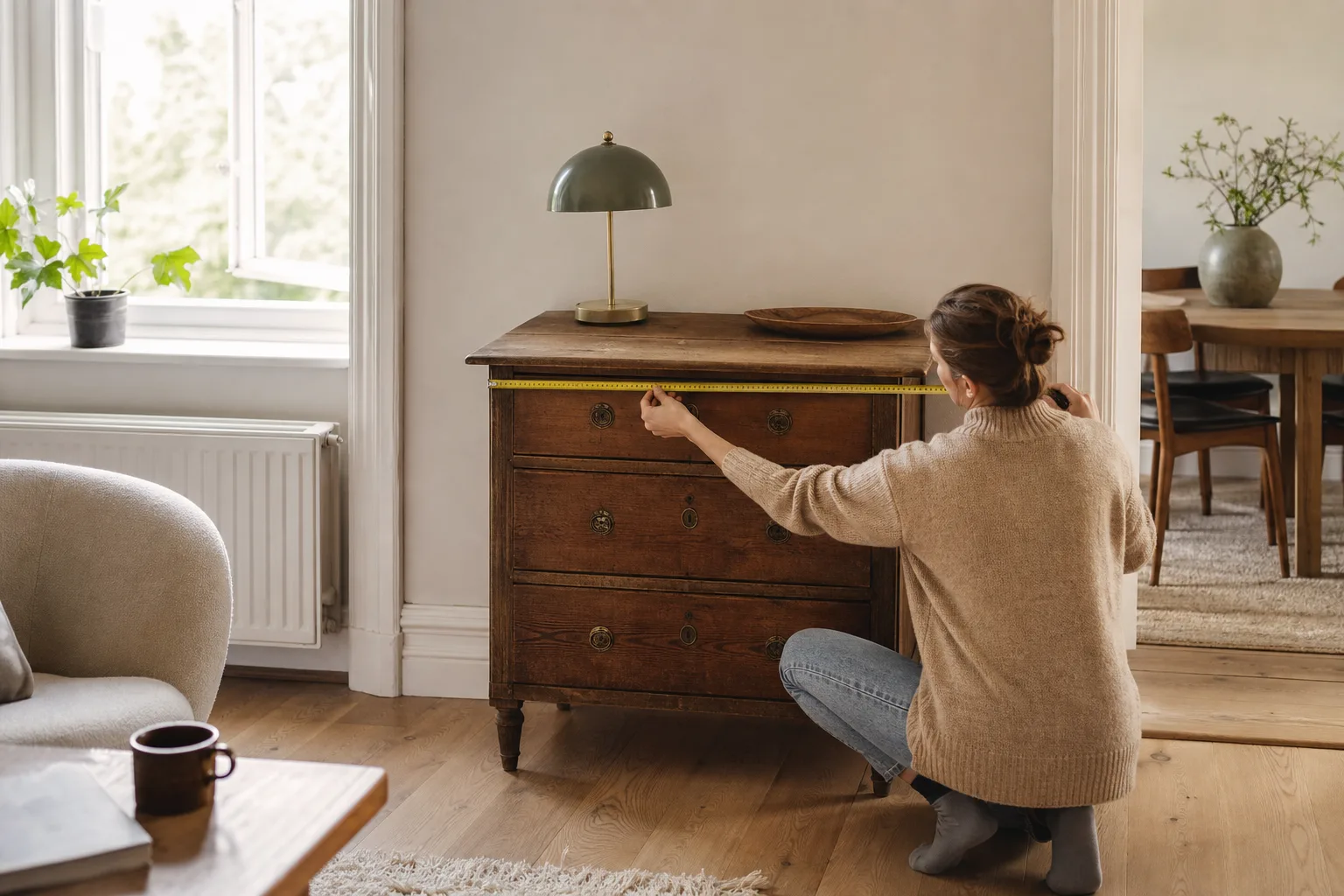 Person mäter och undersöker en vintagemöbel innan köp