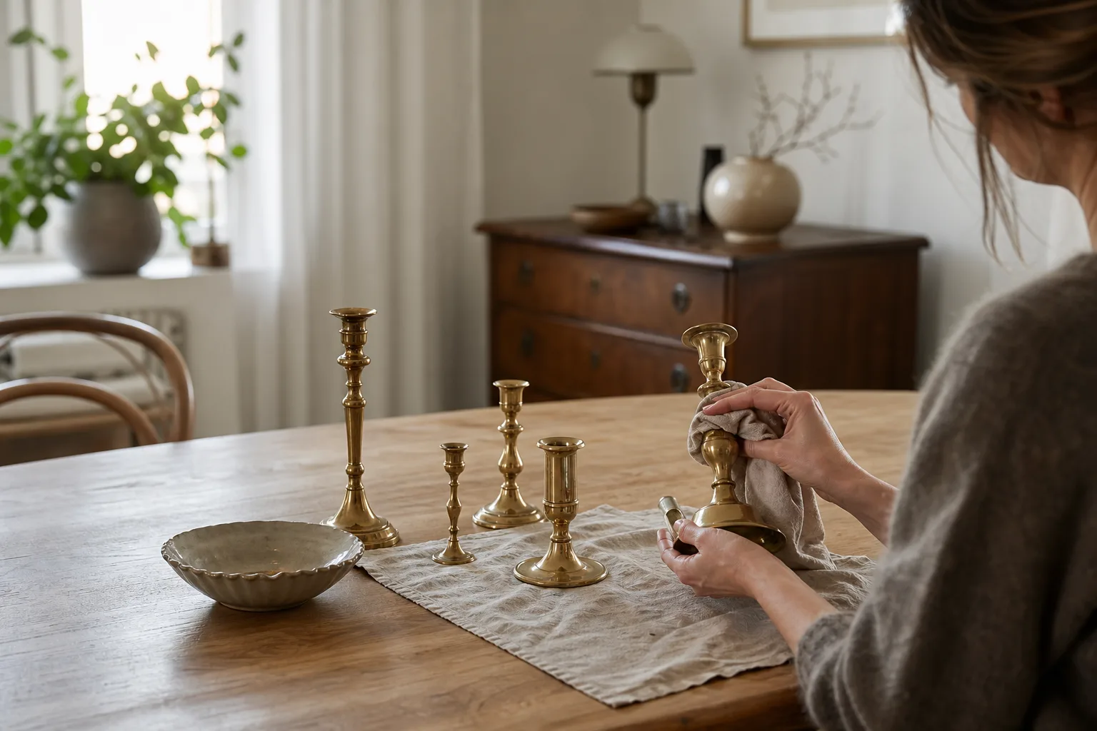 Mässingsljusstakar som putsas för hand