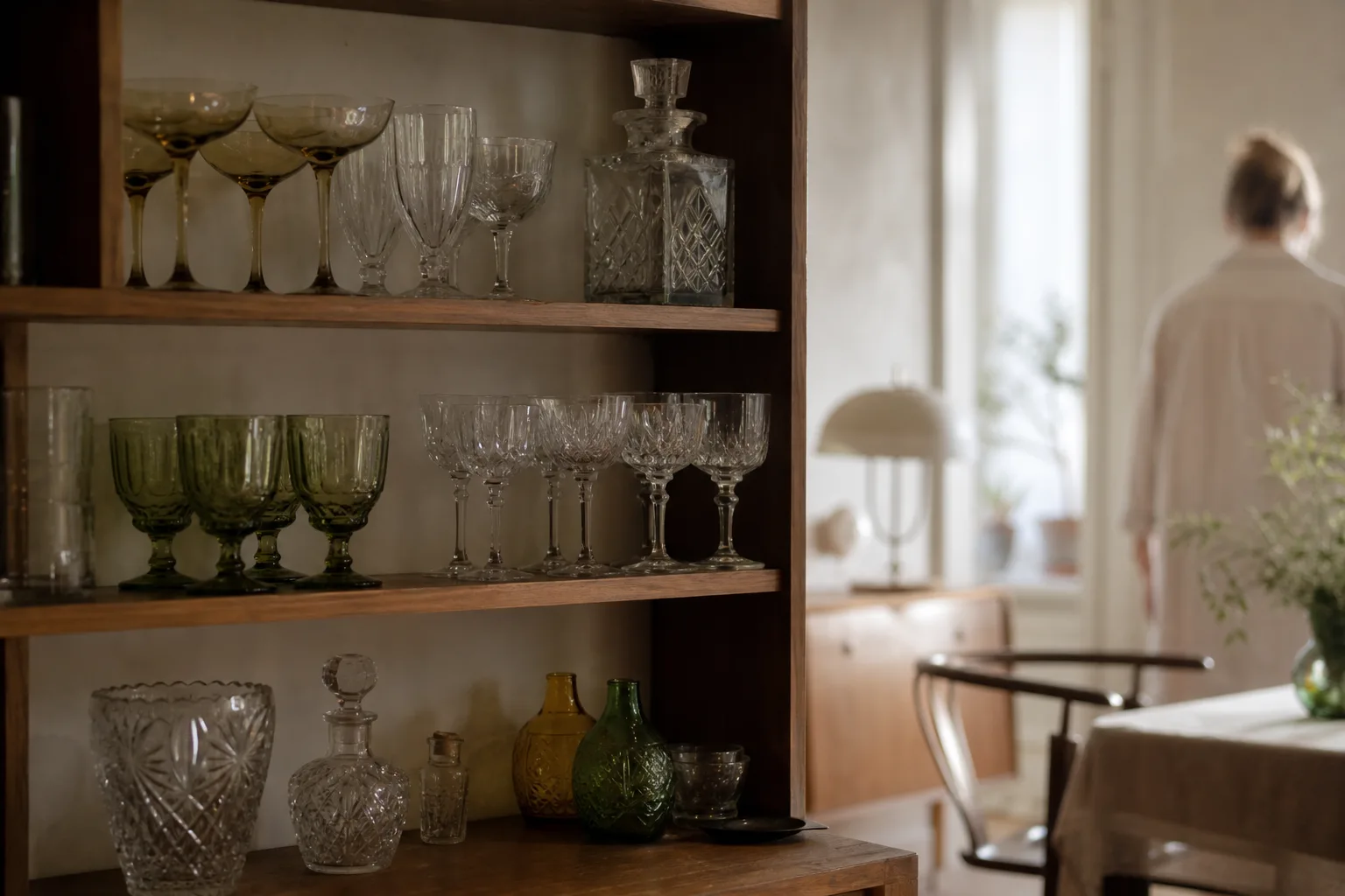 Vintageglas i olika former uppställda på en hylla